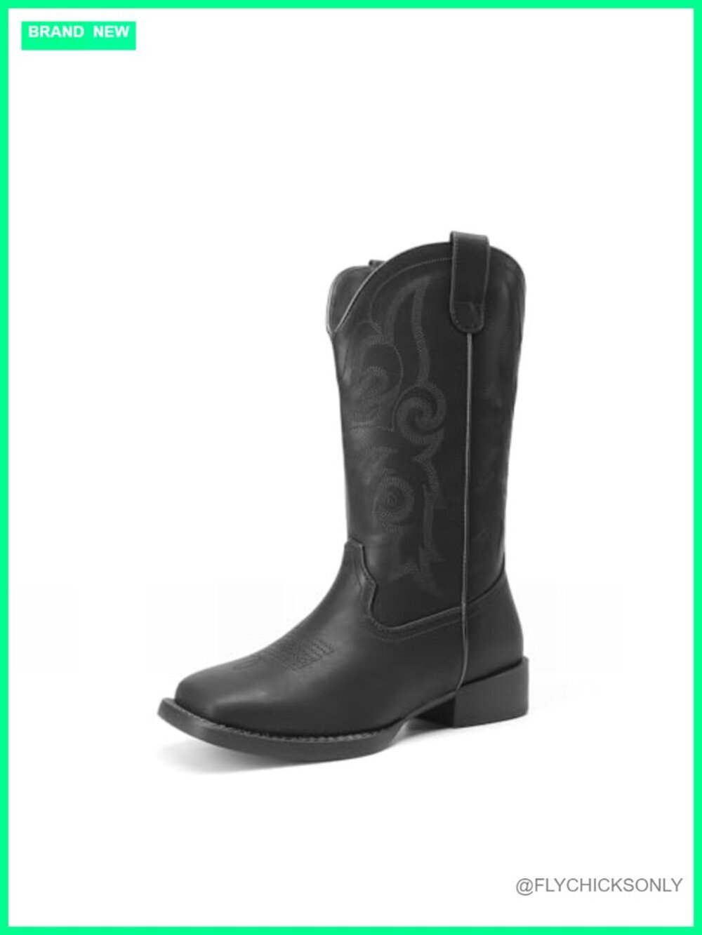 Embroidered Square Toe Mid Calf Western Boots Chunky Low Heel Cowgirl
